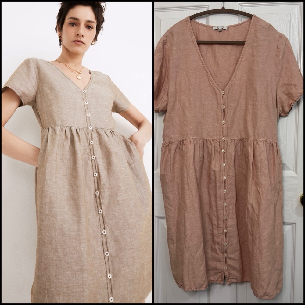 Madewell Linen-Blend Alexandra Button-Front Mini Dress Light Dusty Rose Pink